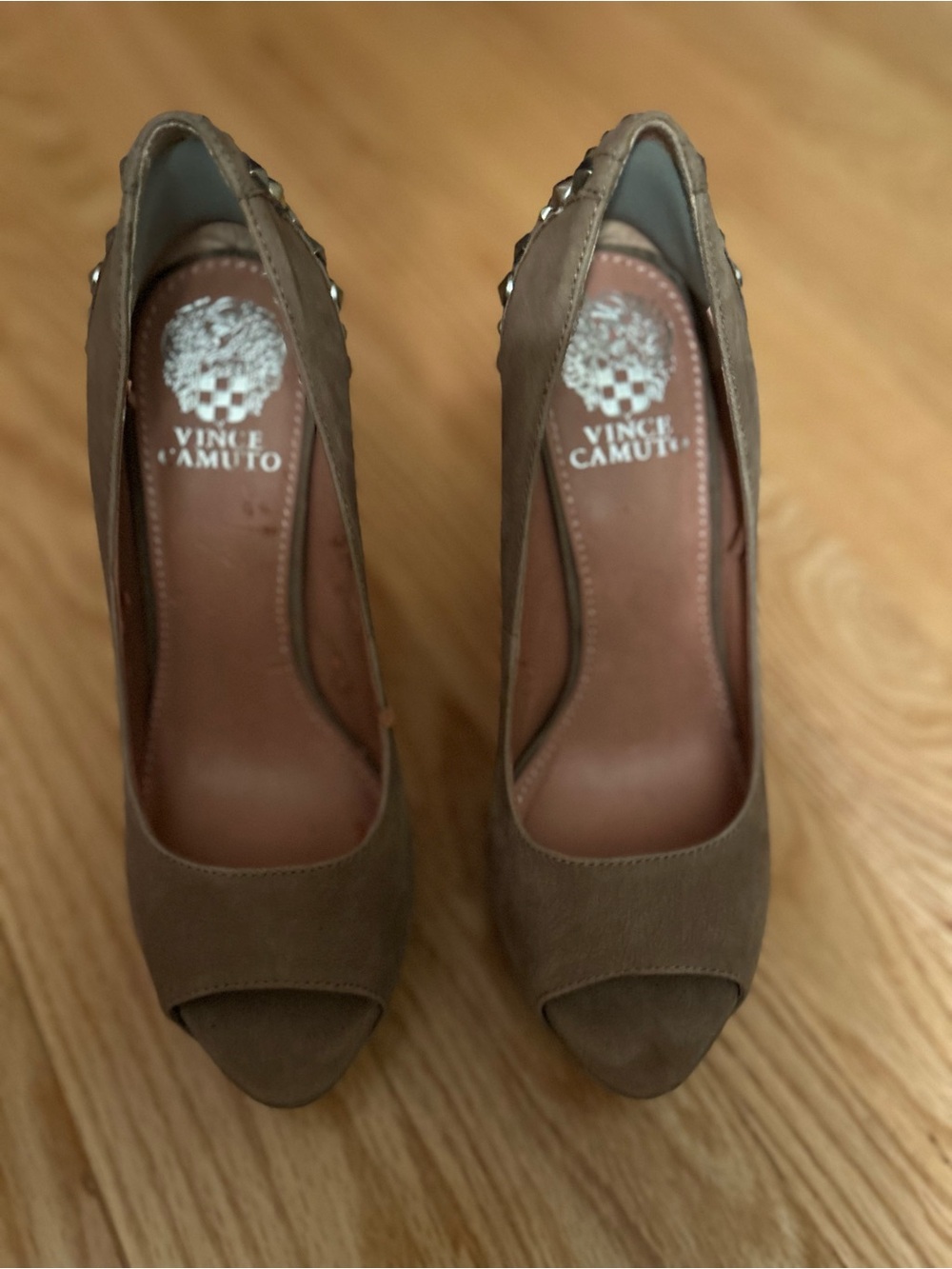 Vince Camuto Taupe Suede Peep-Toe Stud Detail Heels size 7